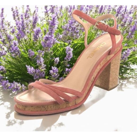 CHANEL Pink Suede Strappy Cork Platform Sandals Sz. 41 - Picture 1 of 10
